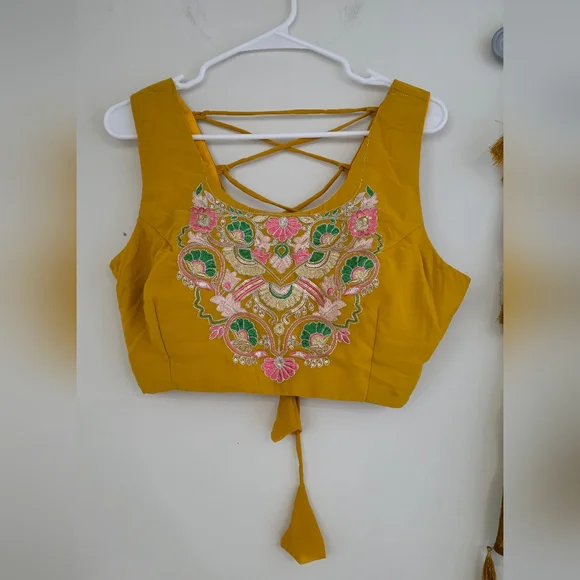 Yellow Sequined Embroidered Work Faux Georgette Fabric Flared Lehenga Choli - Picture 9 of 14